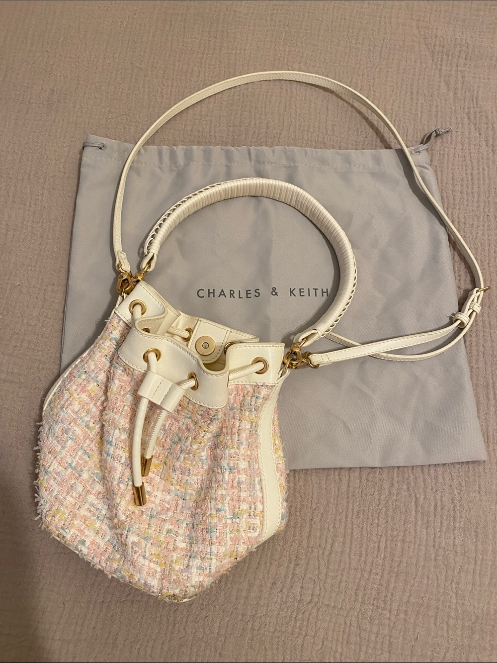 Charles & Keith Cream Tweed Bucket Bag with Pastel Accents
